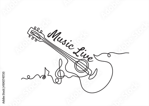 One line acoustic guitar illustration Music live. Music band instrument line art. steel guitar logo icons vector design.	