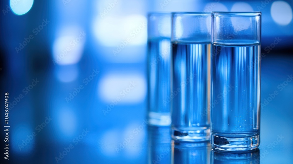 Three glasses of water with a blue background, creating a serene atmosphere. Three glasses of water with a blue background, creating a serene atmosphere.