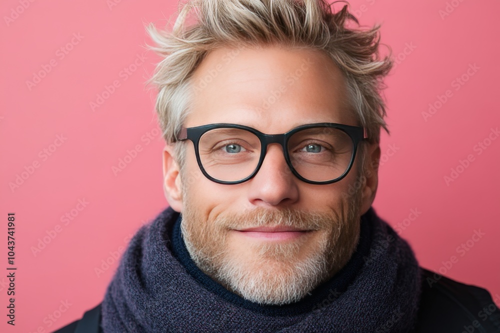 Portrait of man with blonde hair and eyeglasses wearing navy blue scarf against pink background showcasing smart casual style with a contemporary twist Portrait of man with blonde hair and eyeglasses wearing navy blue scarf against pink background showcasing smart casual style with a contemporary twist