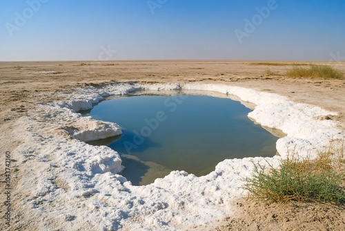 A salt flat with a pool of water surrounded by white salt deposits.