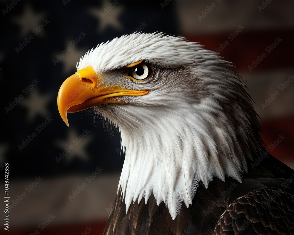Fototapeta premium Majestic bald eagle with sharp gaze, set against an American flag backdrop.