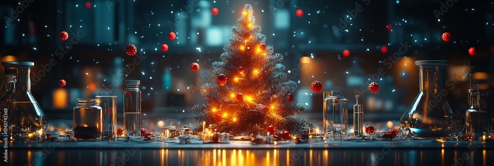 A small Christmas tree glowing with festive lights in a laboratory, surrounded by glassware and scientific instruments. Red ornaments float in the background, creating a magical atmosphere. A small Christmas tree glowing with festive lights in a laboratory, surrounded by glassware and scientific instruments. Red ornaments float in the background, creating a magical atmosphere.