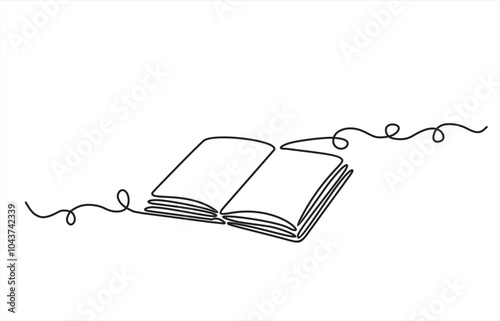 Continuous one line drawing of an open book with flying pages. Vector illustration of back to school, educational supplies.