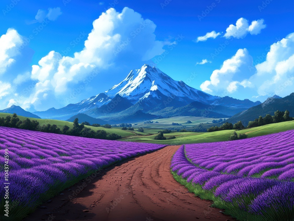 Naklejka premium Scenic view of lavender fields leading to a majestic mountain landscape.