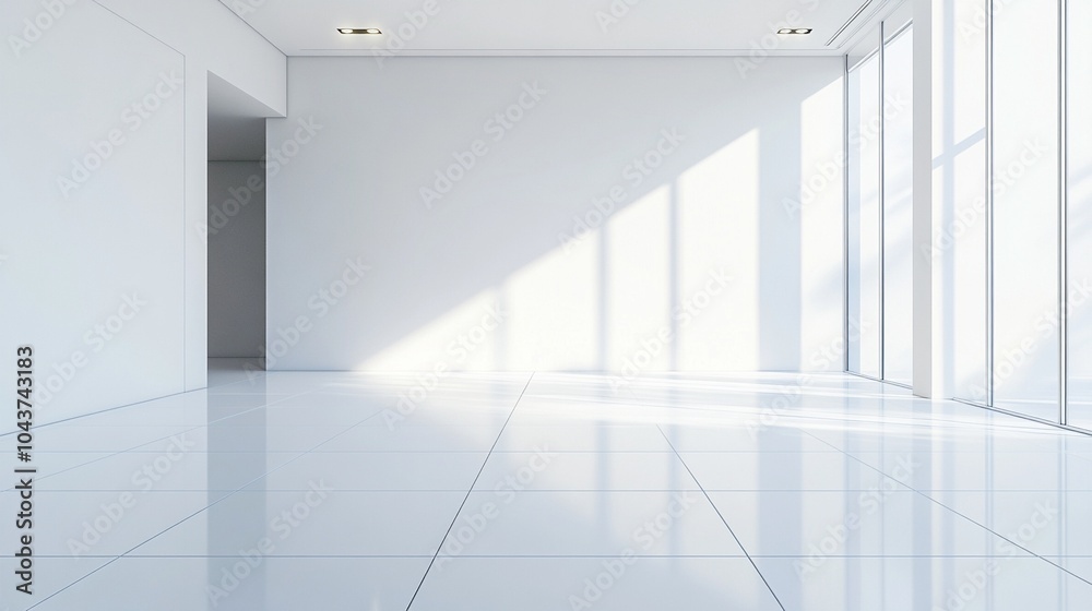 Obraz premium Minimalist white interior with sunlight streaming through large windows, creating geometric shadows on pristine floors and walls. Empty space exudes serenity and potential.