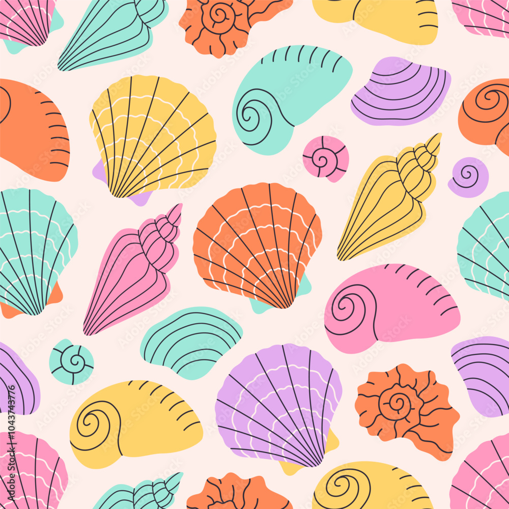 Seamless pattern with sea shells, mollusks, starfish. Tropical beach shells. Summer seamless pattern. Vector illustration in flat style Seamless pattern with sea shells, mollusks, starfish. Tropical beach shells. Summer seamless pattern. Vector illustration in flat style