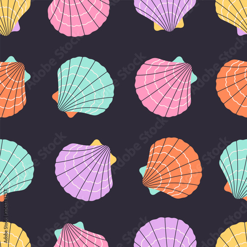 Seamless pattern with sea shells, mollusks, starfish. Tropical beach shells. Summer seamless pattern. Vector illustration in flat style