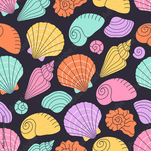 Seamless pattern with sea shells, mollusks, starfish. Tropical beach shells. Summer seamless pattern. Vector illustration in flat style
