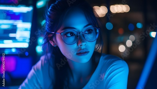 A female programmer in glasses working on a computer with blue light at night, illustrating a data science and technology concept.