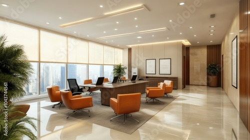 Spacious office room with elegant interior design, featuring open workstations, minimalist furniture, and a warm color palette.