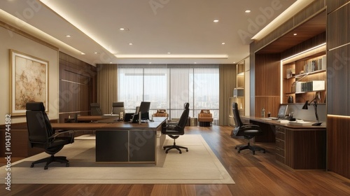 Spacious office room with elegant interior design, featuring open workstations, minimalist furniture, and a warm color palette.