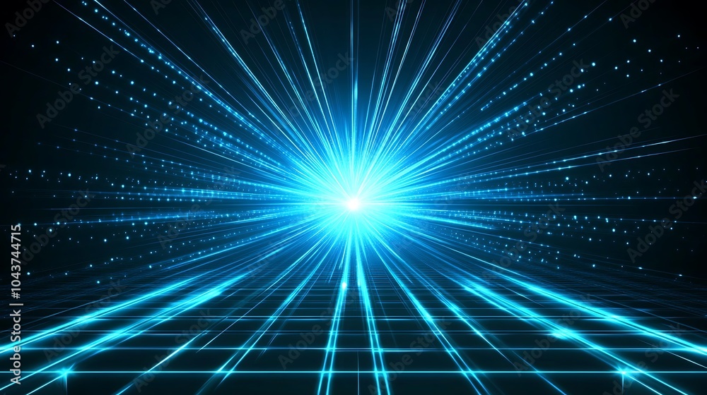 Abstract blue glowing light rays converging to a bright light in a futuristic grid. Abstract blue glowing light rays converging to a bright light in a futuristic grid.
