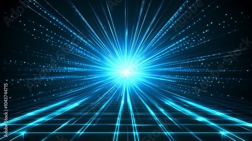 Abstract blue glowing light rays converging to a bright light in a futuristic grid.