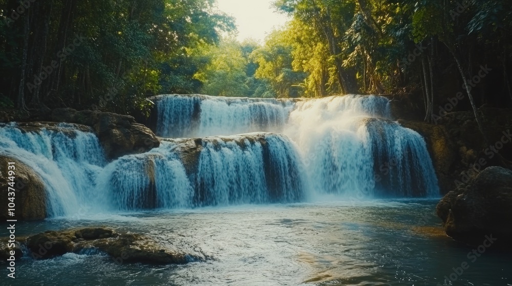 Obraz premium A serene waterfall cascading through lush greenery, creating a tranquil natural setting.