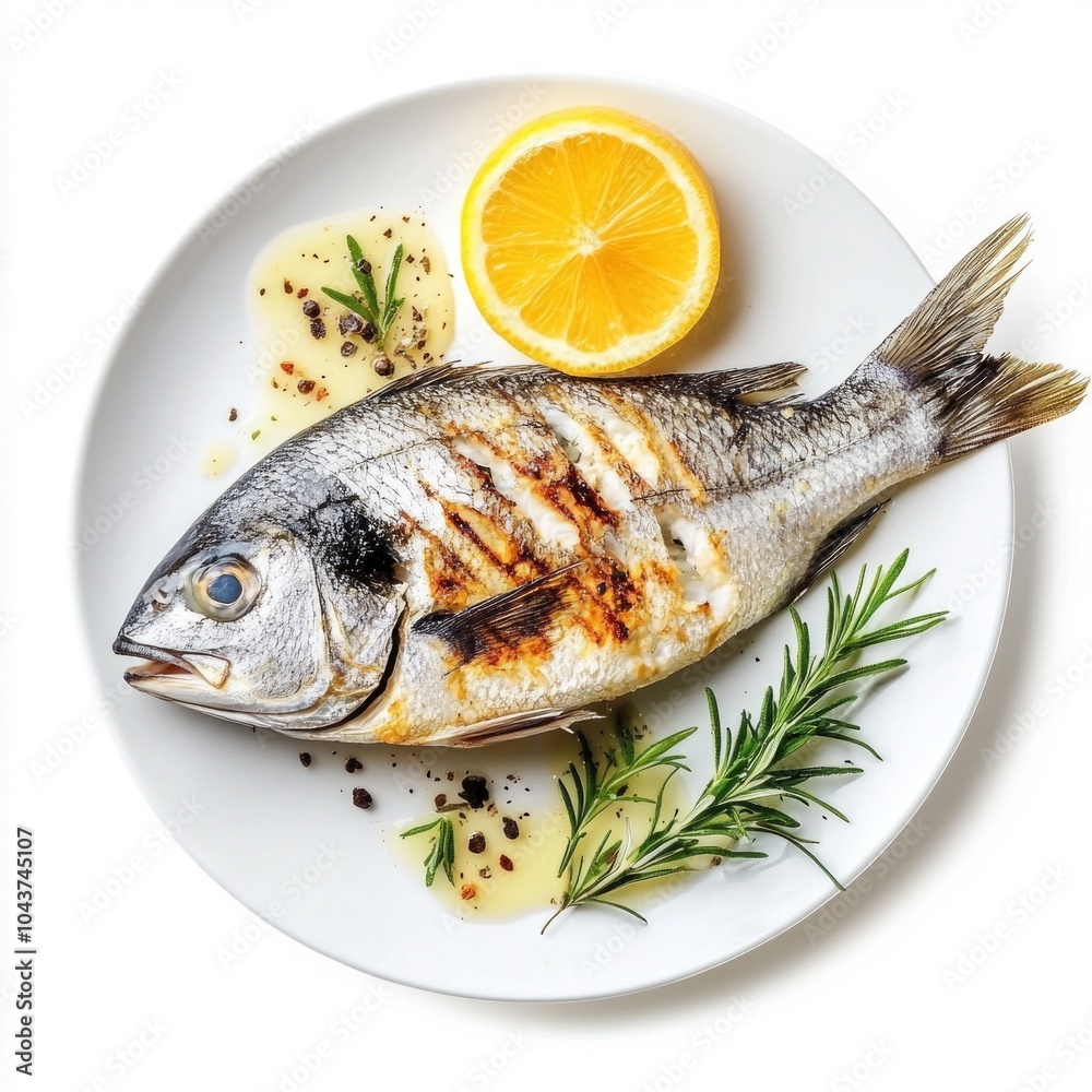 Grilled fish served with lemon and herbs on a white plate. This dish is perfect for healthy meals. Enjoy a fresh taste of seafood. Ideal for food photography. AI