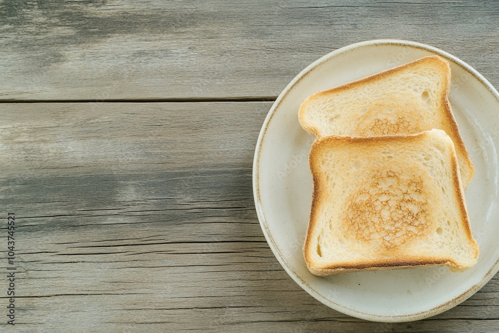 Two slices of toasted bread on a white plate on a wooden table. Two slices of toasted bread on a white plate on a wooden table.