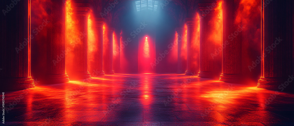 Red Neon Lights Illuminate Empty Hallway with Columns Red Neon Lights Illuminate Empty Hallway with Columns