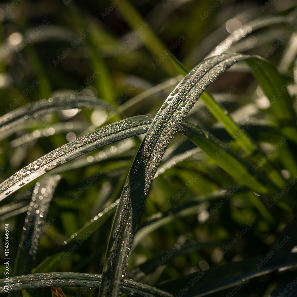 DEWDROPS IN THE DISCREET LIGHT - Morning moisture on the green leaves grass in the river valley DEWDROPS IN THE DISCREET LIGHT - Morning moisture on the green leaves grass in the river valley