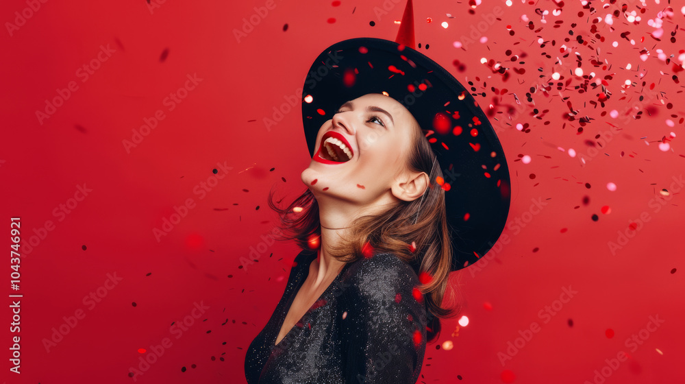 A celebrating businesswoman dances against red background with falling confetti around. Happy woman in party cone jumping for joy with a festive atmosphere. A celebrating businesswoman dances against red background with falling confetti around. Happy woman in party cone jumping for joy with a festive atmosphere.