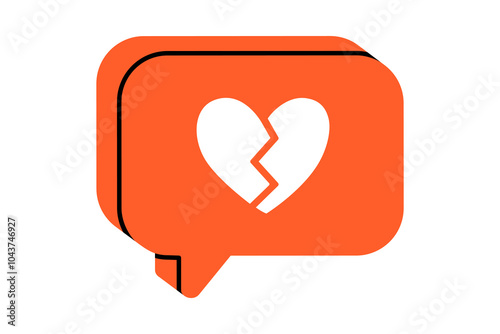 Hand drawn cute cartoon illustration speech bubble with broken heart. Flat vector disagree message doodle. Negative reaction. Social media addiction icon. Dating app. Dislike from follower. Isolated.
