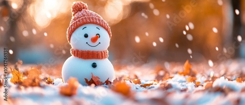 Snowman with red hat and scarf in snowy landscape