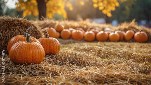 Softly blurred backdrop of an autumn festival with pumpkins and hay bales.