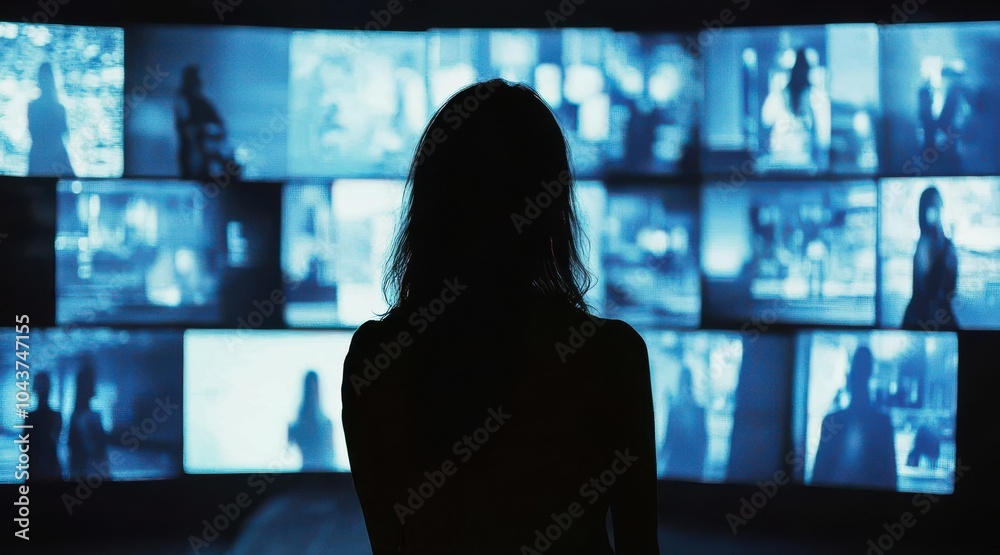 Silhouette of a woman standing in front of a wall of multiple screens, watching different visual feeds in a dark room. Silhouette of a woman standing in front of a wall of multiple screens, watching different visual feeds in a dark room.
