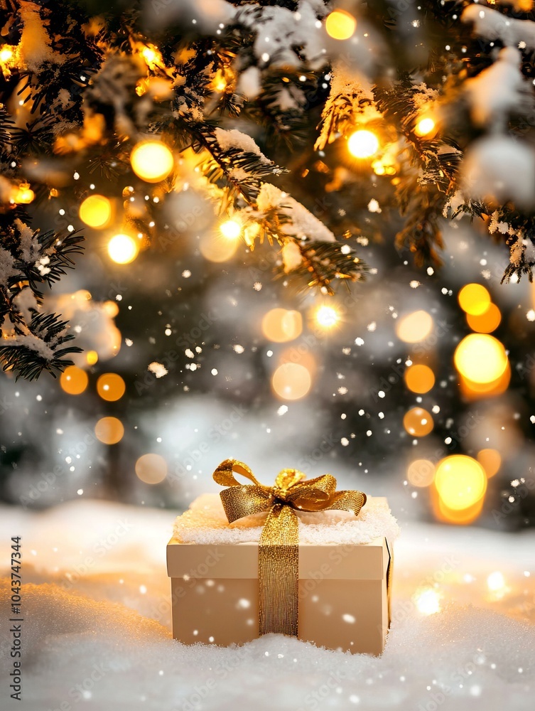 Christmas tree and gift box in snowy setting Christmas tree and gift box in snowy setting