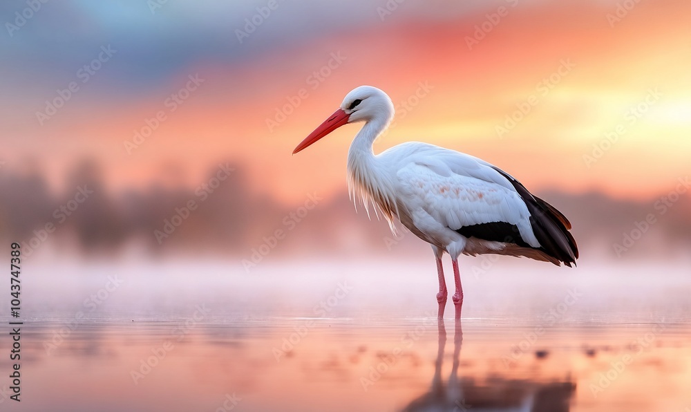 A serene stork stands in calm waters at sunrise, reflecting nature's beauty. A serene stork stands in calm waters at sunrise, reflecting nature's beauty.