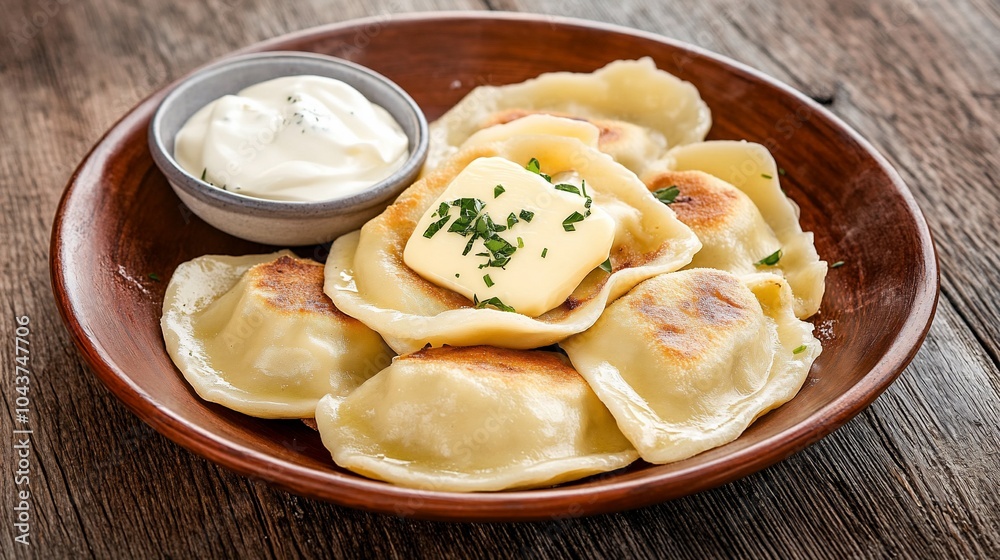 A plate of dumplings topped with butter and served with sour cream. A plate of dumplings topped with butter and served with sour cream.