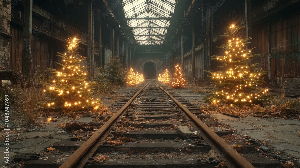 Train track with Christmas trees Train track with Christmas trees
