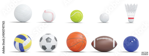 Collection of Realistic sport and ball icon collection isolated on white background. Set of various equipment for sport games.  Sport for healthy life style concept. 3D Vector illustration.