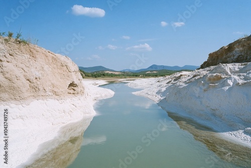 Serene landscape featuring a narrow river between white cliffs.