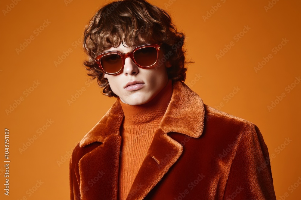Young man in a burnt orange coat and sunglasses standing confidently against an orange backdrop representing bold modern fashion with a monochromatic high energy vibe Young man in a burnt orange coat and sunglasses standing confidently against an orange backdrop representing bold modern fashion with a monochromatic high energy vibe