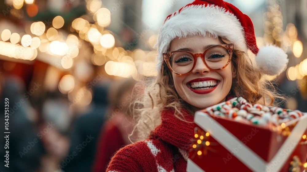 Christmas Cheer in the City: A young woman with blonde hair and a joyful smile, wearing a Santa hat and glasses, holds a festive gift box. Christmas Cheer in the City: A young woman with blonde hair and a joyful smile, wearing a Santa hat and glasses, holds a festive gift box.