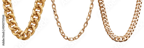 gold chains, showcasing their shiny texture and elegant design. clipart, isolated on transparent background