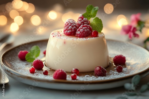 Creamy Dessert with Raspberries and Mint on a Plate