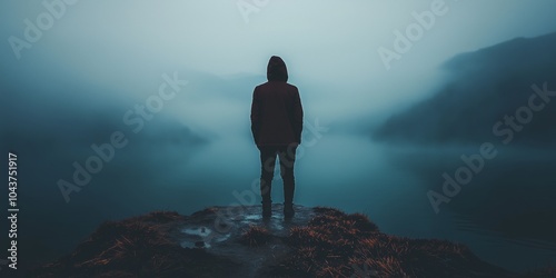 A lone figure stands silhouetted against an ethereal, foggy landscape, evoking mystery and introspection. photo