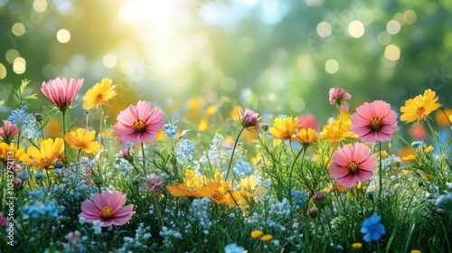 Stunning Colorful Flower Meadow Bathed in Sunlight with Beautiful Bokeh Effects for Nature Inspired Projects and Designs photo