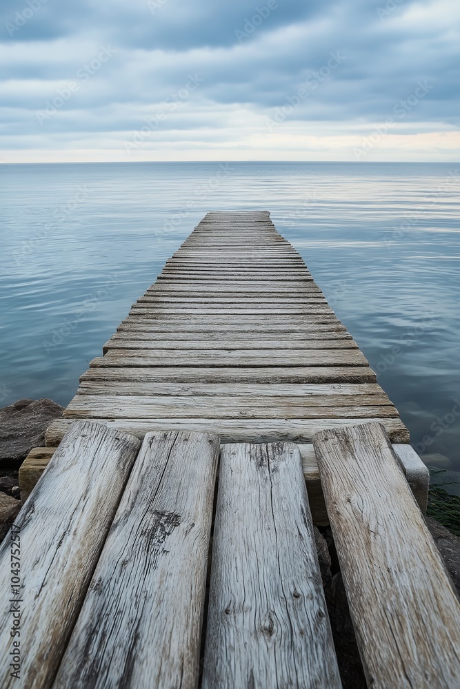A wooden pier extends into a serene lake under an overcast sky, evoking tranquility and solitude in nature's embrace. A wooden pier extends into a serene lake under an overcast sky, evoking tranquility and solitude in nature's embrace.