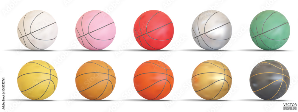 Fototapeta premium Collection of Realistic basketball isolated on white background. Set of 3D Basketballs in different colors. Sport for healthy life style concept. 3D Vector illustration.