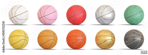 Collection of Realistic basketball isolated on white background. Set of 3D Basketballs in different colors.  Sport for healthy life style concept. 3D Vector illustration.