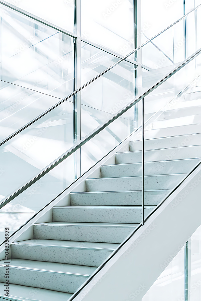Obraz premium contemporary glass staircase in a modern building illuminated with vibrant yellow and blue light. The sleek metal railings reflect the vivid colors