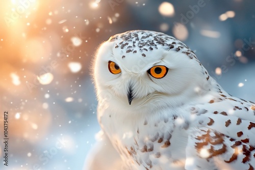 A snowy owl with striking orange eyes in a wintery landscape.