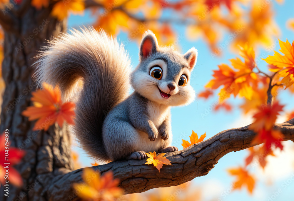 3D cartoon animation of a playful chipmunk, mistaken for a squirrel, with striped 3D cartoon animation of a playful chipmunk, mistaken for a squirrel, with striped