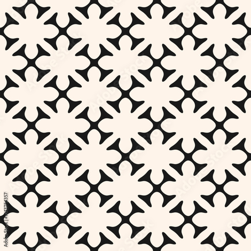 Monochrome floral geometric seamless pattern. Abstract vector ornament texture with flower shapes, crosses, tiles, grid, lattice. Simple black and white minimal elegant background. Repeated geo design