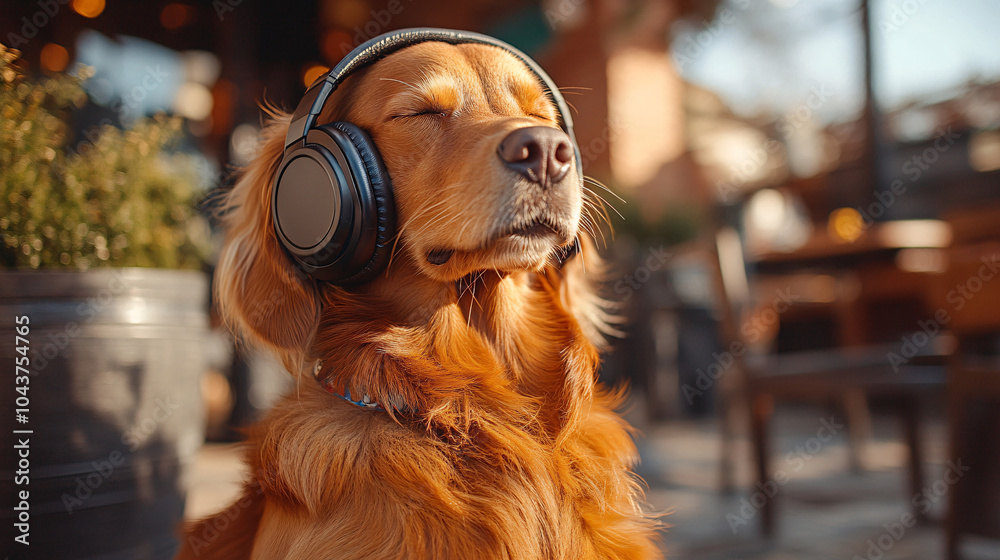 Serene golden retriever wearing large headphones outdoors, basking in the sunlight and capturing a peaceful moment of relaxation, blending nature with modern technology. Serene golden retriever wearing large headphones outdoors, basking in the sunlight and capturing a peaceful moment of relaxation, blending nature with modern technology.