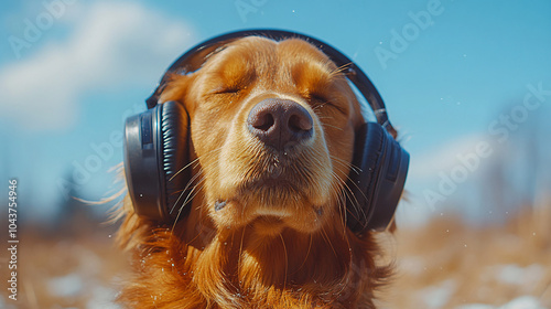 Serene golden retriever wearing large headphones outdoors, basking in the sunlight and capturing a peaceful moment of relaxation, blending nature with modern technology. photo