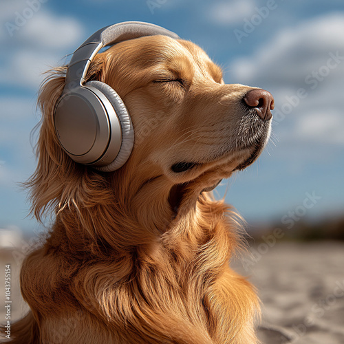 Serene golden retriever wearing large headphones outdoors, basking in the sunlight and capturing a peaceful moment of relaxation, blending nature with modern technology. photo
