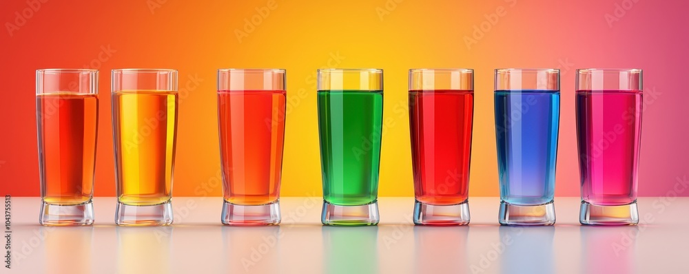 Fototapeta premium A vibrant display of colorful drinks in clear glasses against a gradient background.